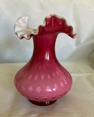 Vintage Fenton Wild Rose Overlay Bubble Optic Double Crimp Vase 7 1/4 