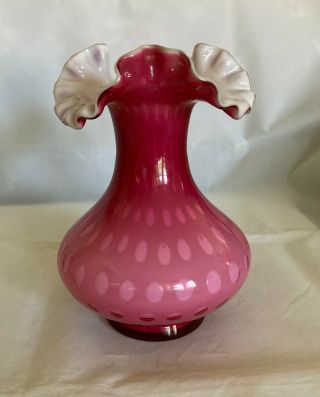 Vintage Fenton Wild Rose Overlay Bubble Optic Double Crimp Vase 7 1/4 