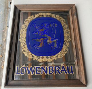 Vintage Lowenbrau Beer Mirror Bar Advertising Wooden Mirror Sign.