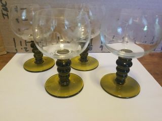 Set Of 4,  Vintage Austrian Grape Etched Roemer Green Stemmed Wine Glasses