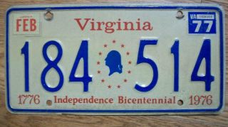 Single Virginia License Plate - 1977 - 184 514 - Bicentennial