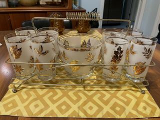 Vintage 1950’s Libby Frosted Gold Leaf Glasses With Gold Rim - Ice Bucket,  Caddy