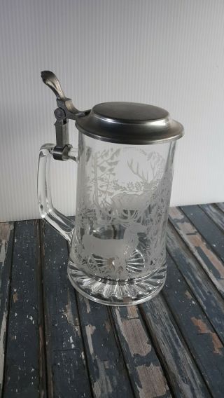 Vintage Domex Etched Glass Beer Stein Stag Deer Pewter Lid 95 Zinn
