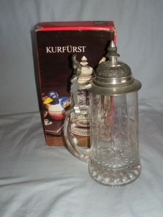 Kurfurst Glass German 1 Pint Beer Stein With Pewter Lid (nib)