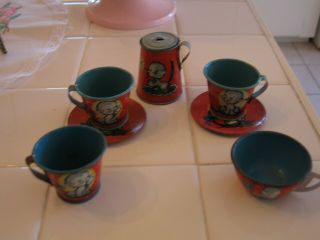 Adorable Vintage Ohio Art Tin Litho 8 Pc.  Tea Set Elaine Hileman Kitty Cat 2