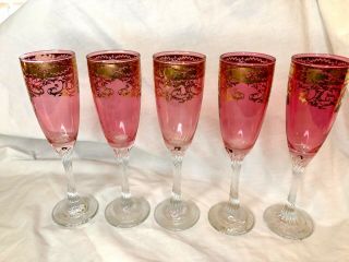 Vintage Moser Style Cranberry Wine Glasses Silver Overlay Twisted Stems Set Of 5