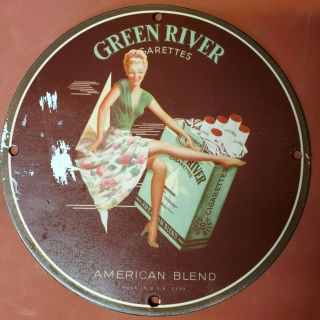 Vintage Porcelain 1949 Green River Cigarettes Tobacciana Man Cave Garage Sign