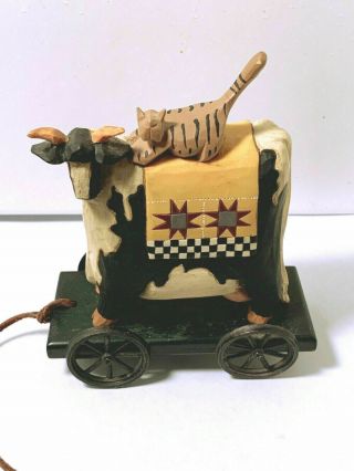 Williraye Studio Ww1403 Cow With Cat Folk Art Carved Wood Pull Toy