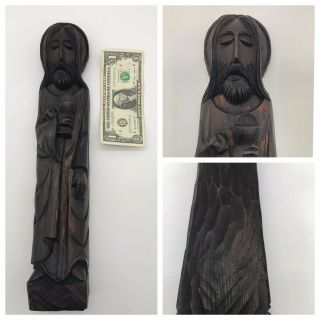 Vintage Primitive Hand Carved Large Solid Dark Wood Jesus 16 " Statue Figure