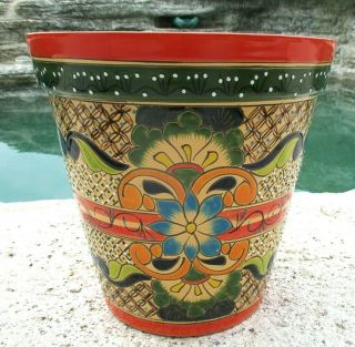 Mexican Art Talavera Pottery Garden Pot Flower Planter Green Large 13x13 "