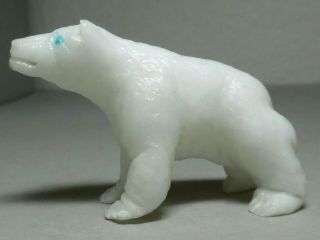 Zuni Fetish F - 3618 White Marble Bear With Turquoise Eyes By Herbert Him