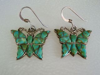 Vintage Zuni Navajo Sterling Silver & Turquoise Inlay Butterfly Earrings Signed