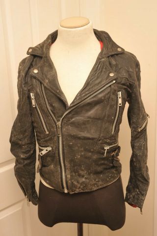 Vintage 1970s Leather Black Biker Motorcycle Jacket Small Red Lining