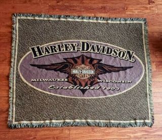 Vintage Rare Harley Davidson Woven Throw Blanket Tapestry 65x48