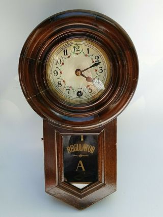 Vintage Wall Clock Regulator A Dark Wooden Case With Pendulum & Key Wind Up