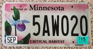 2015 Minnesota Critical Habitat License Plate Lady Slipper Flower Mn 15 (s - Av)