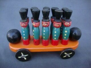 Vintage Wooden Toy Soldier 10 Pin Set Bowling Game On Cart 2 Balls Hand Painted