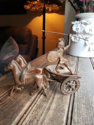 Vintage Copper Brass ? & Cast Iron Roman Gladiators Horse Drawn War Chariot