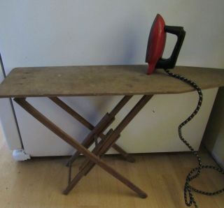 Vintage Wooden Ironing Board Childs 25 " With Toy Iron