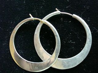 Vtg Signed Ed Levin Modernist Hammered Sterling Silver Hoop Earrings,  14kt Posts
