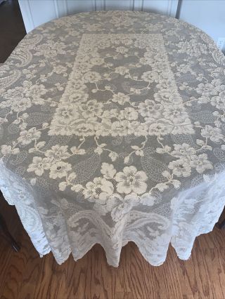 Vintage Creamy Alencon Lace Tablecloth Paisley And Flowers 64 X 82
