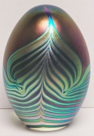 Vintage Eickholt Art Glass Iridescent Pulled Feather Egg Paperweight 3 3/4 " 2