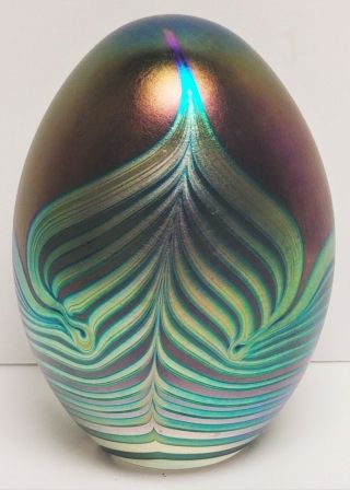 Vintage EICKHOLT Art Glass Iridescent Pulled Feather Egg Paperweight 3 3/4 