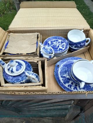 Vintage 21 Piec Child’s Toy Tea Set Blue Willow Pattern Made In Japan