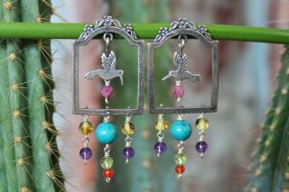 Mexican Earrings Hummingbirds In Frames Sterling & Gemstones By Gabriela Sanchez