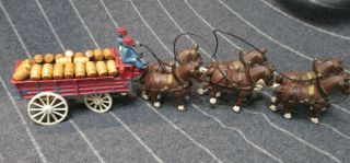 Vintage Cast Iron 6 Horse Drawn Beer Wagon - 21 Barrels,  2 Drivers & Dog