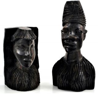 African Hand Carved Ebony Wood Male & Female Head Statue 