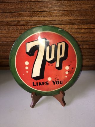 Vintage 7up Likes You Round Metal Sign