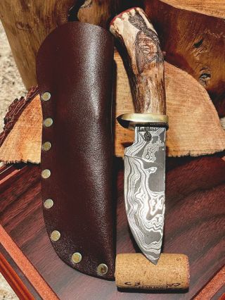 J.  A.  Lonewolf Custom Hand Forged Damascus And Scrimshawed Stag Hunter Knife