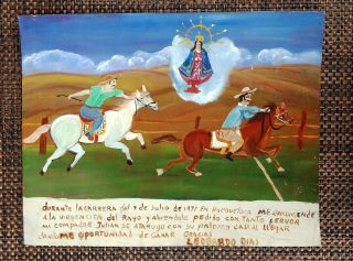 Retablo “horse Racer Gives Thanks For Win” Orig Folk Art Mexico Ex - Voto Painting