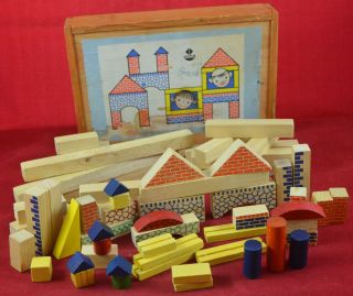 Vintage German Vero Wooden Building Blocks Architectural Set,  Box