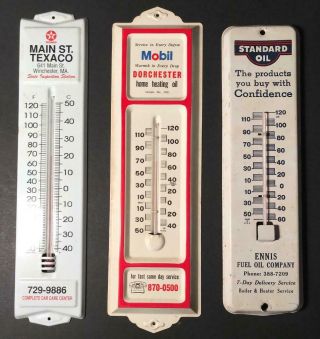 (3) Vintage Metal Gas Station Thermometers - Standard Oil,  Mobil & Texaco