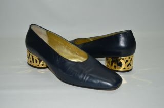 Escada Vintage Navy Blue Leather Gold Letters Low Heeled Pumps Size 8