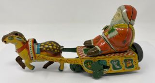 Vintage Tin Wind Up Mechanical Santa Claus Sleigh Reindeer With Bell Made Japan
