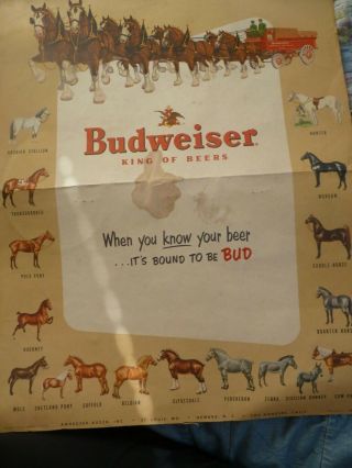Old Vintage 1953 Budweiser Bud King Of Beers Poster Horse Breeds Large Rare
