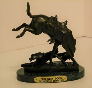 Wicked Pony 9” Tall Bronze Sculpture Statue By Frederic Remington On Marble Base