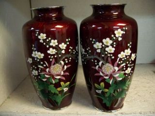 2 High Gloss Blood Red Ming Tree Cherry Blossom Chinese Cloisonne Vase.  Silver?