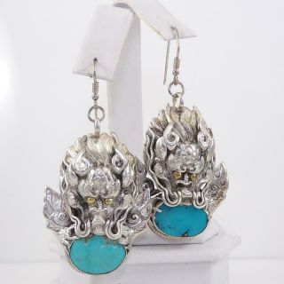 Vtg Chinese Export Dragon Foo Dog Sterling Silver Blue Turquoise Earrings Lhj2