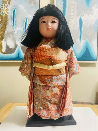 Vintage Japanese 16 " Ichimatsu Girl Doll In Kimono Wood Base
