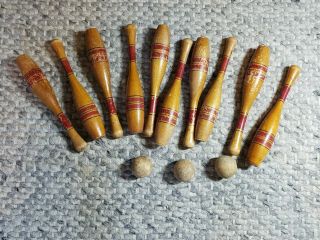 Antique Mini Wood Skittles Bowling Pins And Balls