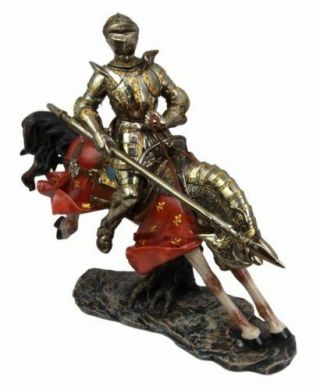 Medieval Suit Of Armor Knight On Charging Horse Large Decorative Figurine 12.  5 " H