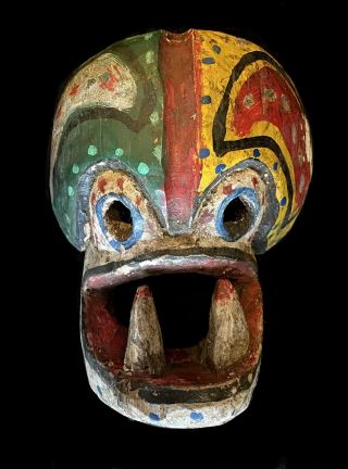 Vintage Mexican Skull Mask Hand Carved & Painted Wood Guerrero Red Green Yellow