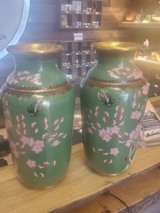 Set Of 2 Green Mid Century Chinese Cloisonne 10 " Vases W Birds Cherry Blossom
