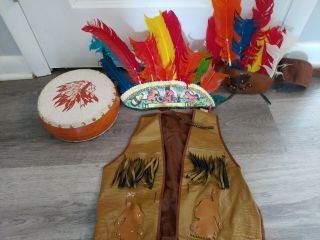 VTG Child ' s Native American Indian Outfit 1960s - 70s w headress & Tom Tom Drum 2