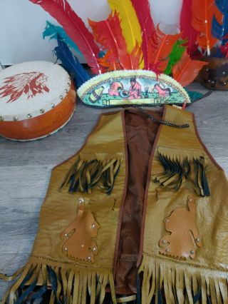VTG Child ' s Native American Indian Outfit 1960s - 70s w headress & Tom Tom Drum 3