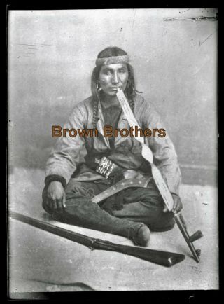 1900s Native American Indian Seated Brave Peace Pipe Glass Photo Negative 1 Bb
